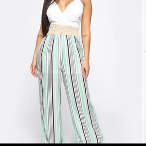 Fashion Nova Striped Pant Jumpsuit With Crochet Accent Waistband